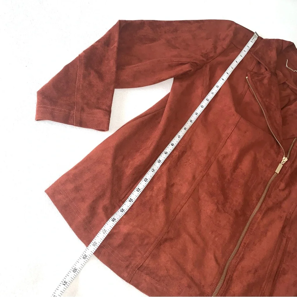 CHICO’S Faux Suede Long Double-Zip Moto Jacket Whiskey color size 2X GORGEOUS - Picture 13 of 16